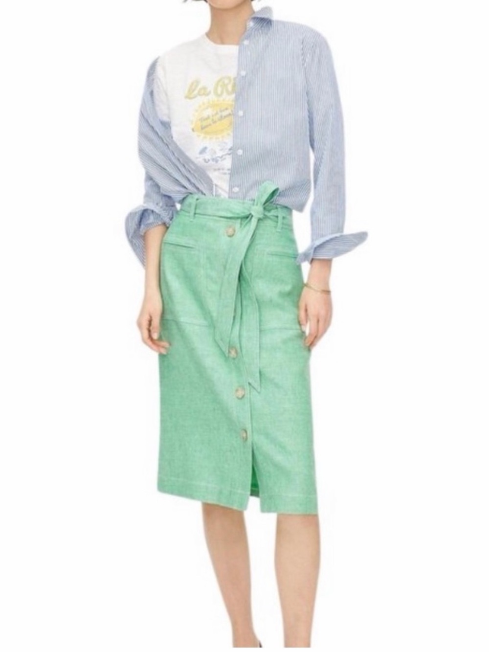 J.Crew Green Button-front skirt in stretch linen Size 6